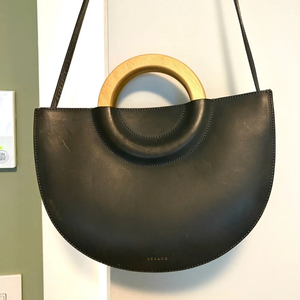 Sézane Gray Half-Moon Bag with wood handles - Picture 1 of 3